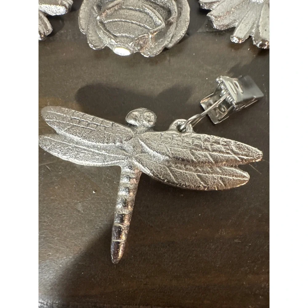 Vintage Silver Cast Metal Garden Tablecloth Weights Daisy Ladybug Dragonfly 5pc